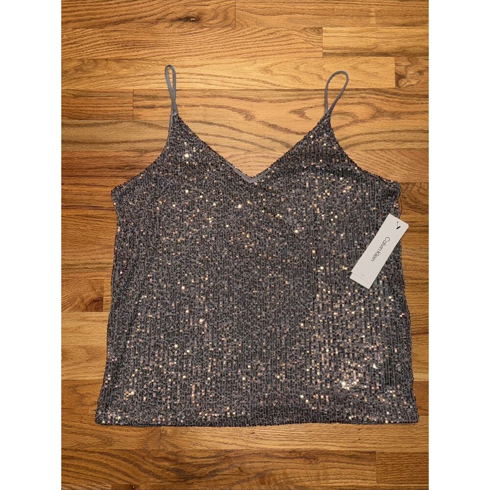 Calvin Klein Women's Sequin Strappy Camisole Silver Size Medium MSRP $64 NEW NWT - Picture 2 of 8
